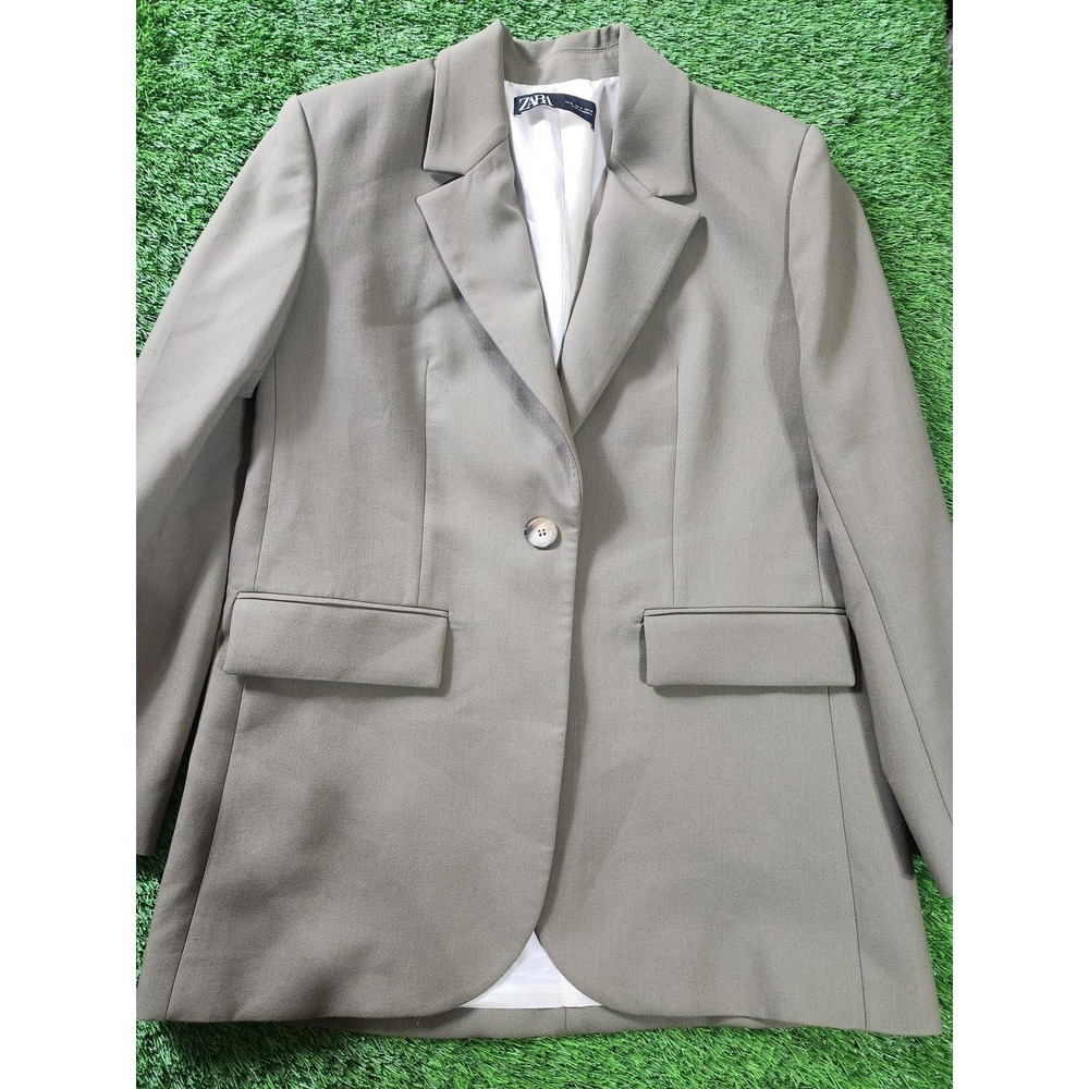 Zara Blazer Womens M Beige Twill One Button Notch Lapel Lined Suit Jacket